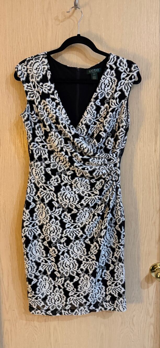 Lauren Ralph Lauren Black White Floral Jacquard Faux Wrap Sheath Dress Size 6